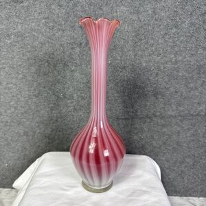 Vintage Pink & White Swirl/Stripe Hand Blown Glass Flower Vase Ruffled Edge